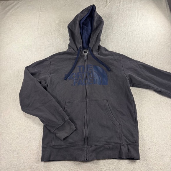 The North Face Full Zip Hoodie Gray Men's L Sweatshirt Logo Blue Spellout Winter - Picture 1 of 7